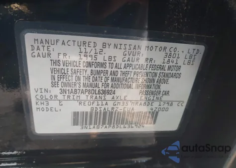 2013 Nissan Sentra Sr z USA, uszkodzony, nr VIN 3N1AB7AP8DL636924